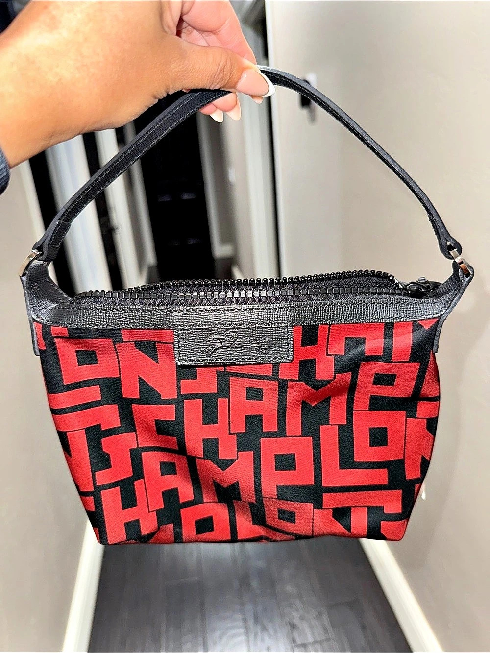 Longchamp Le Pliage LGP Pouch with Handle Red & Black Bag